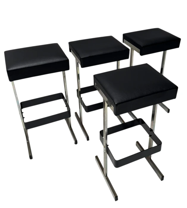 Four Mid-Century Modern Bar Stools with Black Leather Seats, 1970s